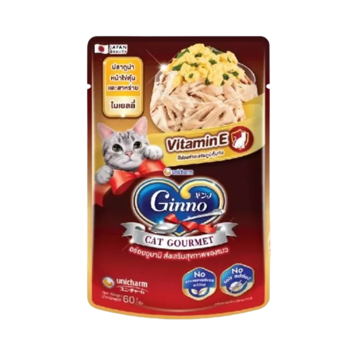 Unicharm Ginno Gourmet Vitamin E Tuna Topping Steamed Egg Seaweed in Jelly Pouch 60g packaging