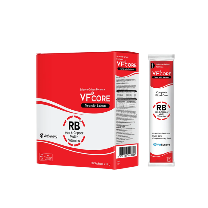 VetSynova VF+Core RB Iron and Copper Multi-Vitamins cat supplement box and sachet with tuna and salmon flavor