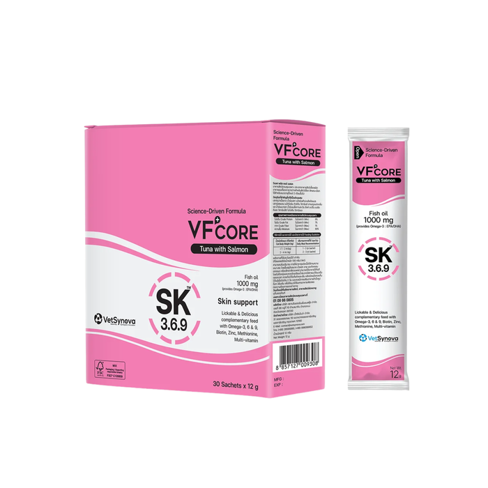 VetSynova VF+Core SK 3.6.9 skin support cat supplement box and sachet with tuna and salmon flavor