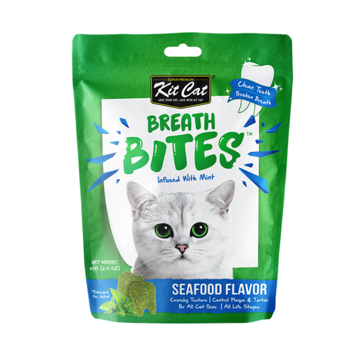 Kit Cat Breath Bites Mint & Seafood Flavour Dental Cat Treats 60g – Cat Dental Treats with Mint and Seafood Blend
