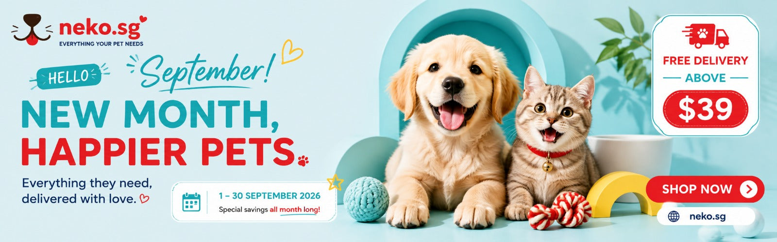 Neko.sg September promotional banner featuring a Golden Retriever puppy and a tabby kitten with text reading 'Hello September! New Month, Happier Pets' and Free Delivery above $39.
