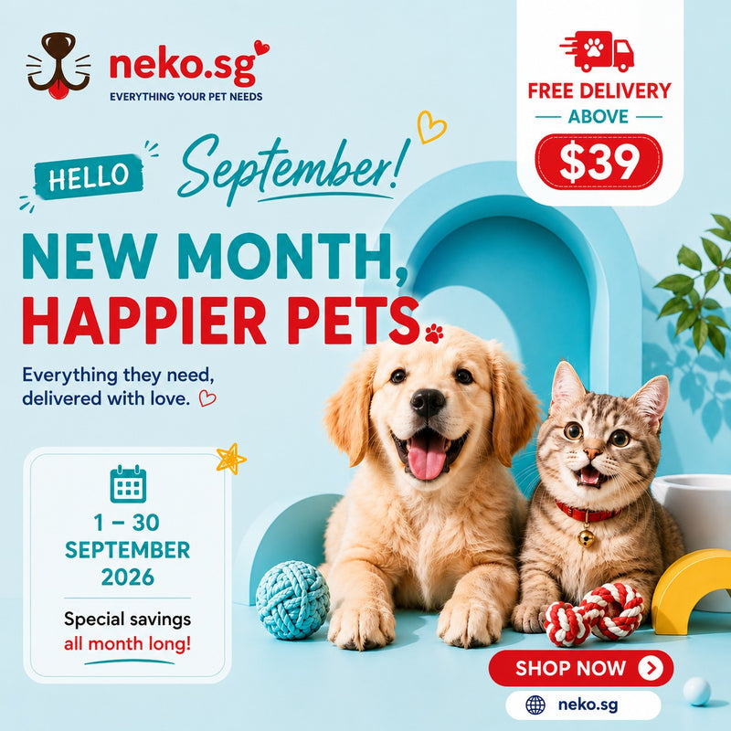 Neko.sg September mobile banner featuring a Golden Retriever puppy and tabby kitten with free delivery above $39.