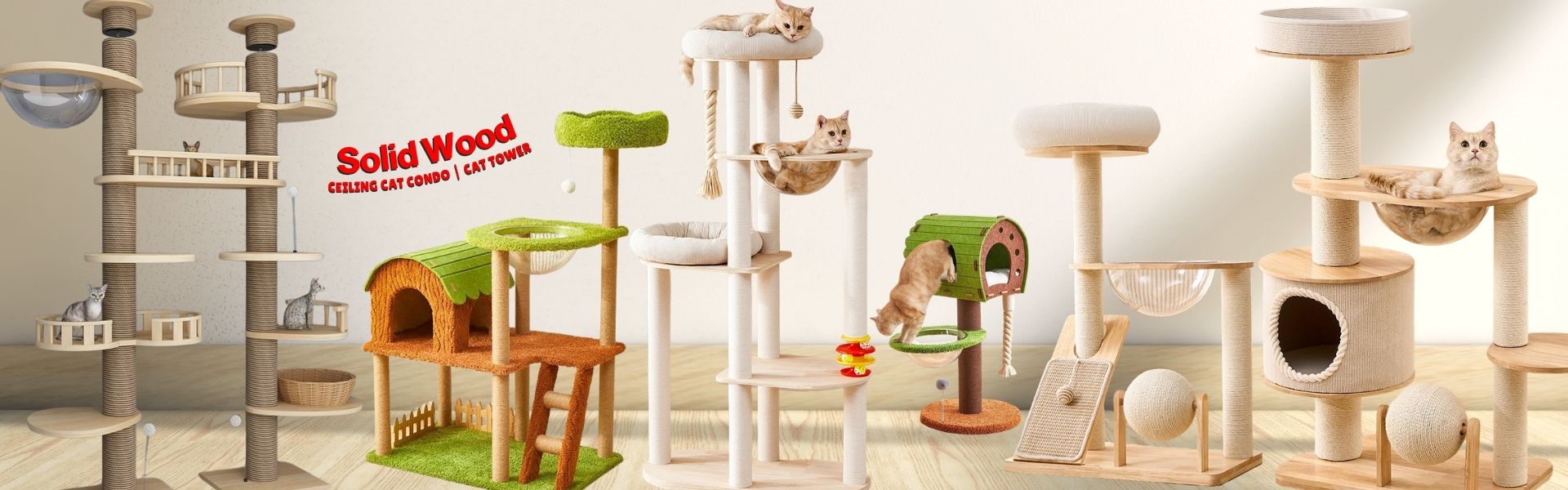 Collection of solid wood ceiling cat towers and multi-level cat condos with scratch posts and hammock perches from Neko.sg.