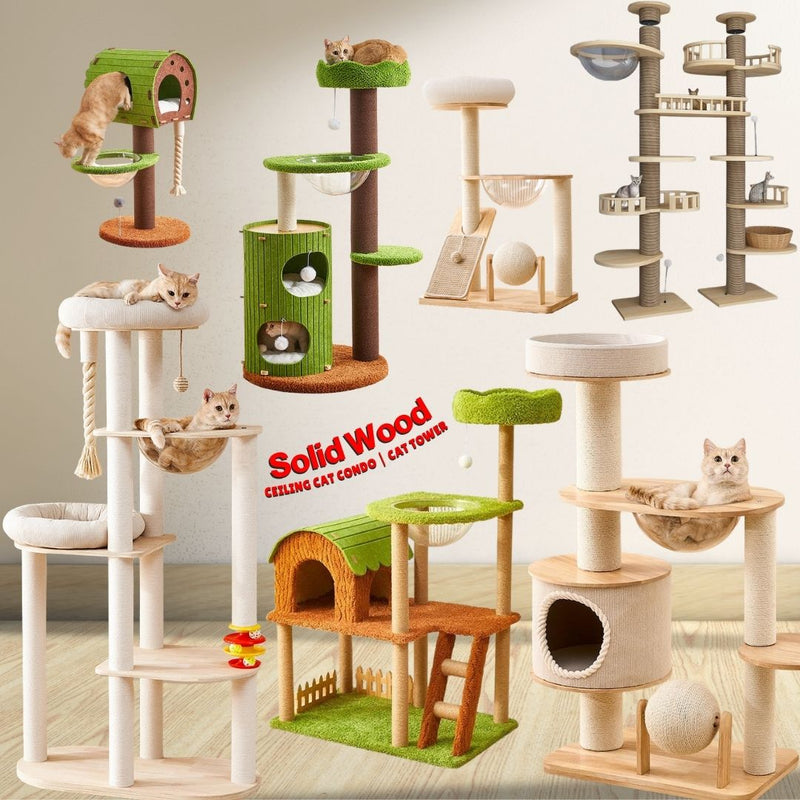 Promotional banner displaying a variety of solid wood cat condos and towers with sisal scratching posts, clear space capsules, ladders, and cozy perches.