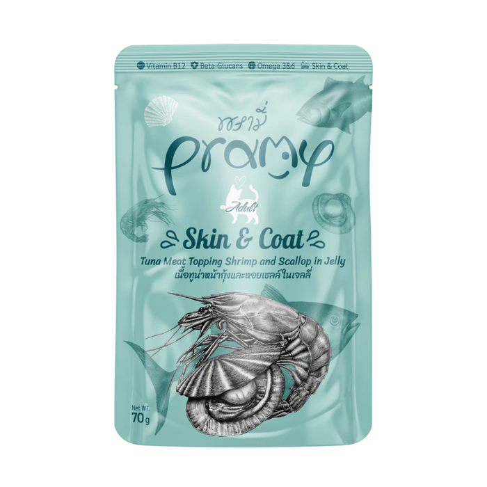 Pramy Cat Adult Skin & Coat Tuna, Shrimp & Scallop Meat Topping in Jelly 70g wet cat food for adult cats, supports healthy skin and shiny coat with premium protein and vitamins