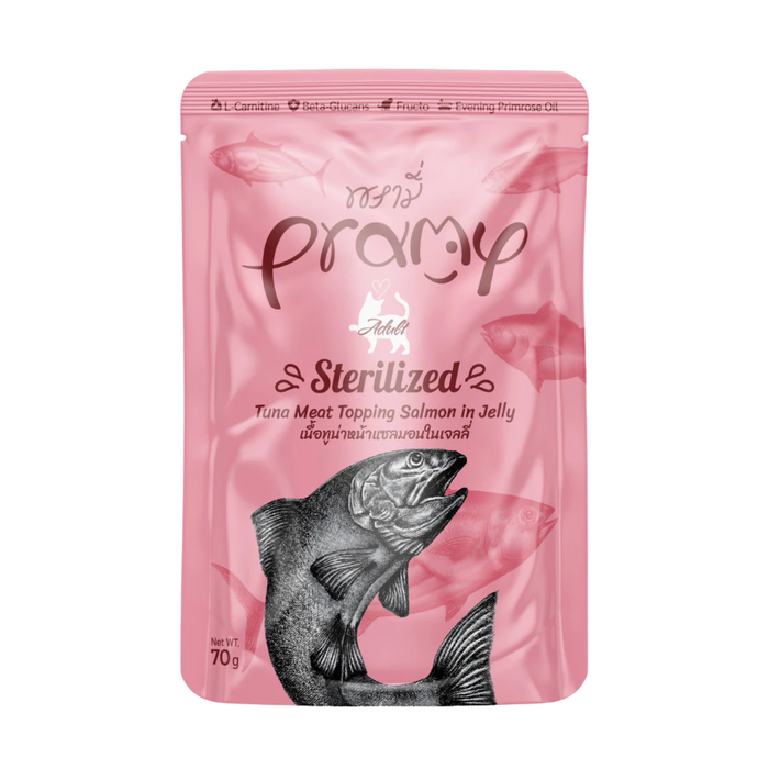 Pramy Cat Adult Sterilized Tuna & Salmon Meat Topping in Jelly 70g wet cat food for sterilized adult cats, supports healthy weight and overall wellbeing with premium protein and vitamins