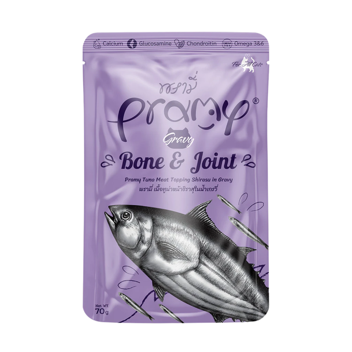 Pramy Cat Gravy Bone & Joint Tuna Meat Topping Shirasu 70g wet cat food for cats, supports healthy bones and joints with premium tuna and Shirasu