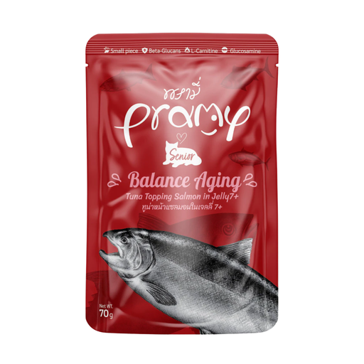 Pramy Cat Senior 7+ Tuna & Salmon Topping in Jelly 70g wet cat food for senior cats, supports healthy aging with premium protein and essential vitamins