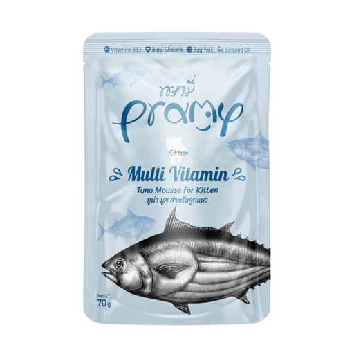 Pramy Kitten Multi Vitamin Tuna Mousse 70g wet cat food for kittens, supports healthy growth, development, and immunity with premium protein and essential vitamins