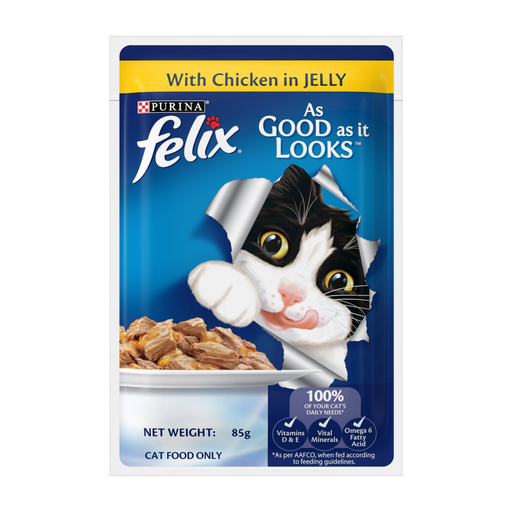 Purina Felix Chicken in Jelly 85g wet cat food for adult cats, tasty chicken chunks in jelly enriched with vitamins D & E, Omega 6, and balanced minerals for complete nutrition