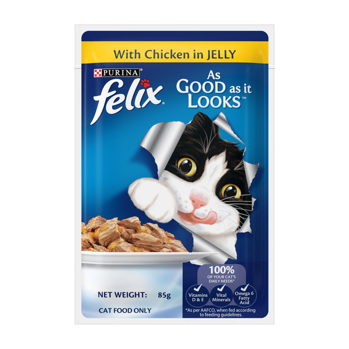 Purina Felix Chicken in Jelly 85g wet cat food for adult cats, tasty chicken chunks in jelly enriched with vitamins D & E, Omega 6, and balanced minerals for complete nutrition