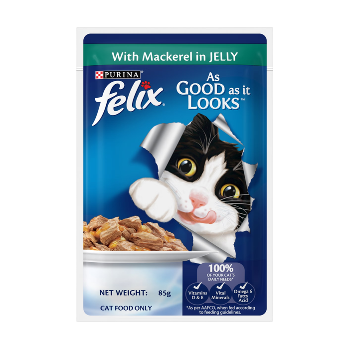 Purina Felix Mackerel in Jelly 85g wet cat food for adult cats, tasty mackerel chunks in jelly enriched with vitamins D & E, Omega 6, and balanced minerals for complete nutrition