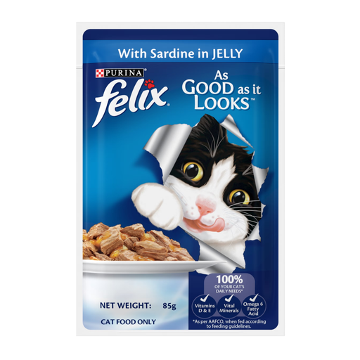 Purina Felix Sardine in Jelly 85g wet cat food for adult cats, tasty sardine chunks in jelly enriched with vitamins D & E, Omega 6, and balanced minerals for complete nutrition