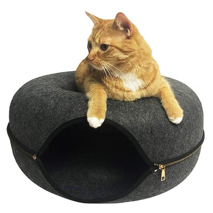2-in-1 Cat Tunnel & Felt Donut Bed (Light Grey)