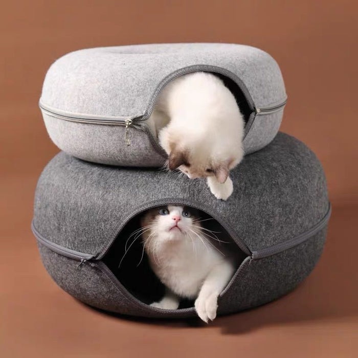 2-in-1 Cat Tunnel & Felt Donut Bed (Light Grey)
