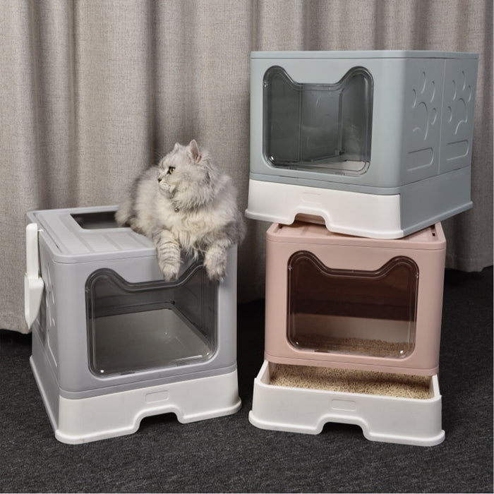 Premium Fully Enclosed Foldable Cat Litter Box Toilet (Pink)