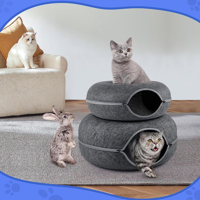 2-in-1 Cat Tunnel & Felt Donut Bed (Light Grey)