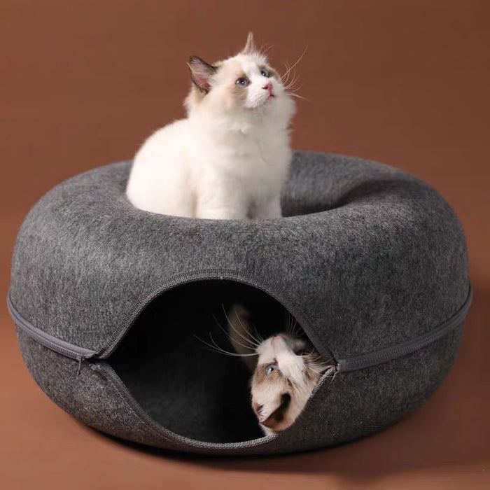 2-in-1 Cat Tunnel & Felt Donut Bed (Light Grey)