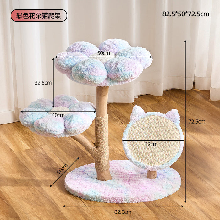 72.5cm Summer Flower Cat Tree – Solid Wood Climbing Frame with Scratching Post