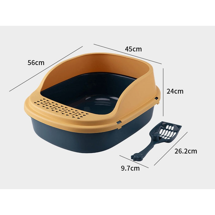 Open-Top Cat Litter Box with Shovel (Blue & Yellow)
