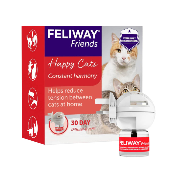 Feliway Friends Plug In Calming Diffuser and 48ml liquid refill bottle package showing the 30-day starter kit for multi-cat conflict reduction.