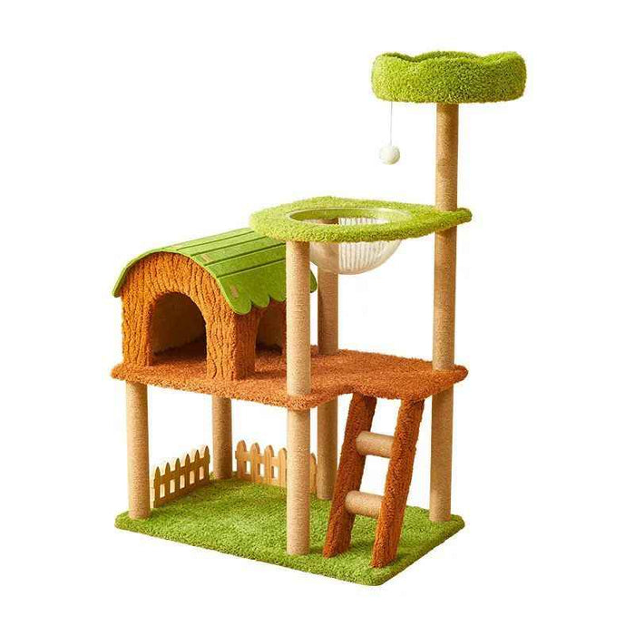 123CM Purr & Play Cottage Solid Wood Cat Tree Cat Condo Cat House Cat Scratching House Cat Scratch Board Cat Towel