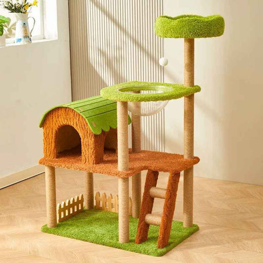 123CM Purr & Play Cottage Solid Wood Cat Condo with Scratching Board – sturdy cat house and scratcher