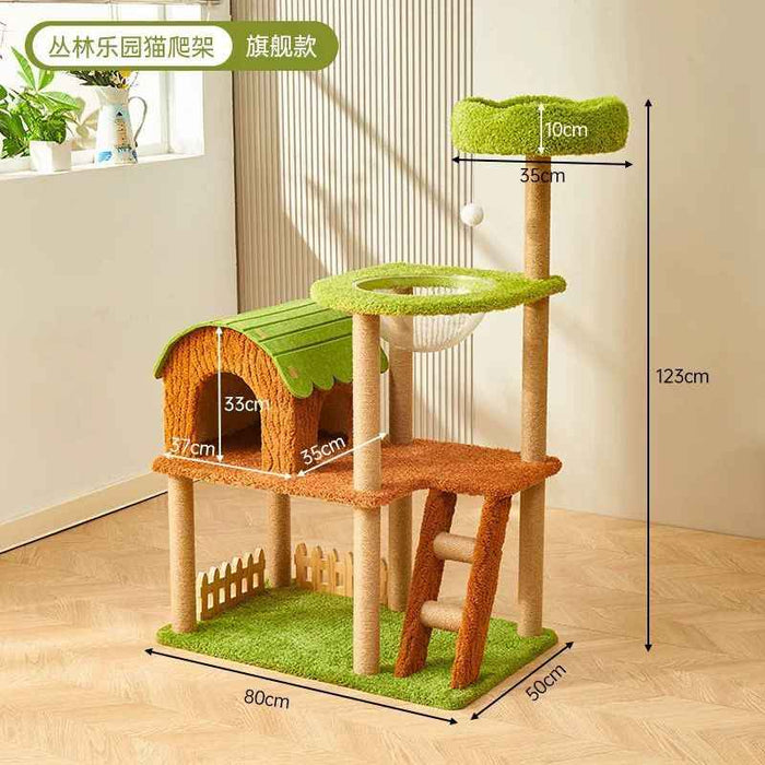123CM Purr & Play Cottage Solid Wood Cat Tree Cat Condo Cat House Cat Scratching House Cat Scratch Board Cat Towel