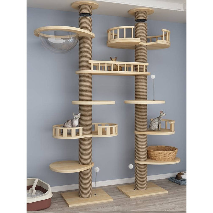 Double Column Luxury Solid Wood Ceiling Cat Condo With Space Capsule (250cm - 270cm Height)