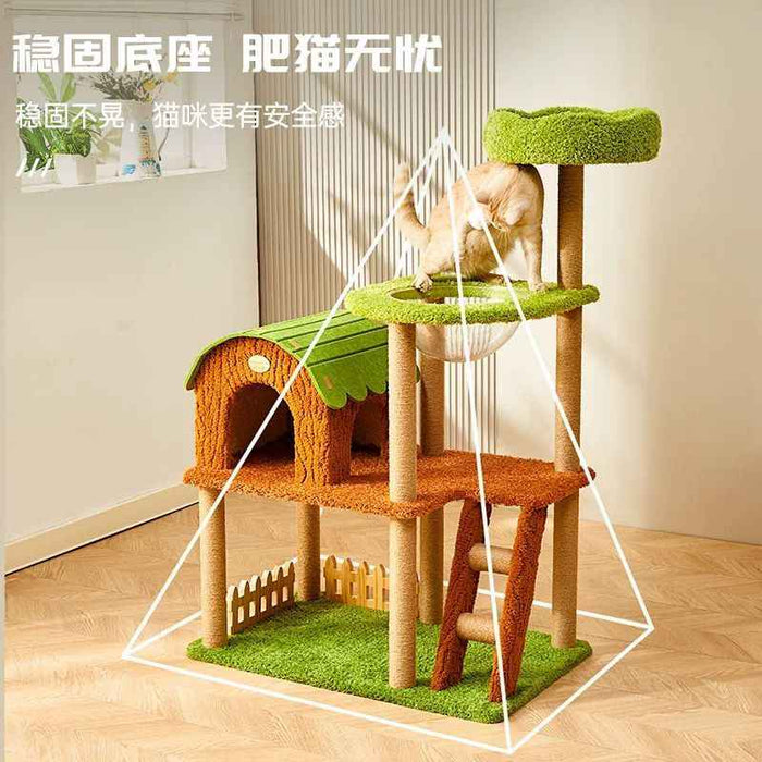 123CM Purr & Play Cottage Solid Wood Cat Tree Cat Condo Cat House Cat Scratching House Cat Scratch Board Cat Towel