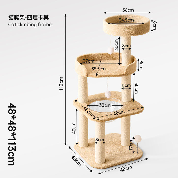 113cm Solid Wood Cat Tree Tower – 4-Tier Climbing Frame with Scratching Posts