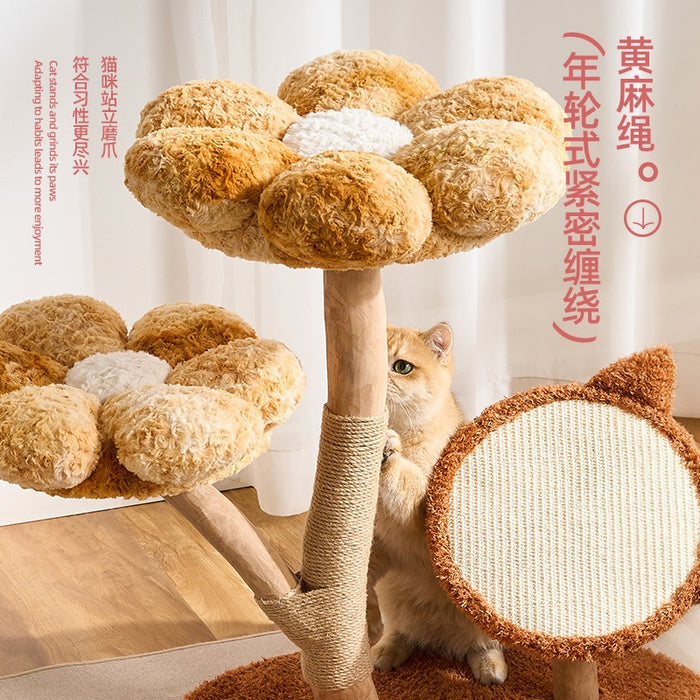72.5cm Summer Flower Cat Tree – Solid Wood Climbing Frame with Scratching Post