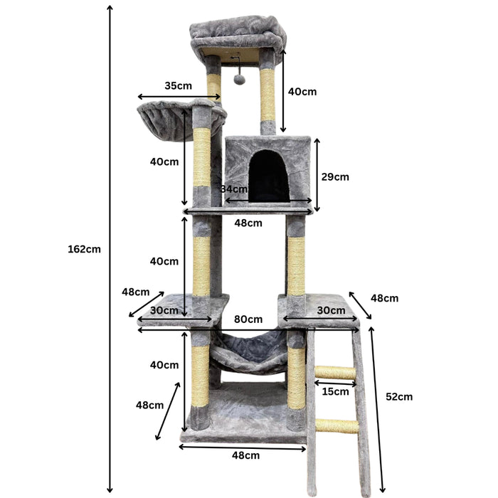 Cat tree with dimensions labeled on a white background